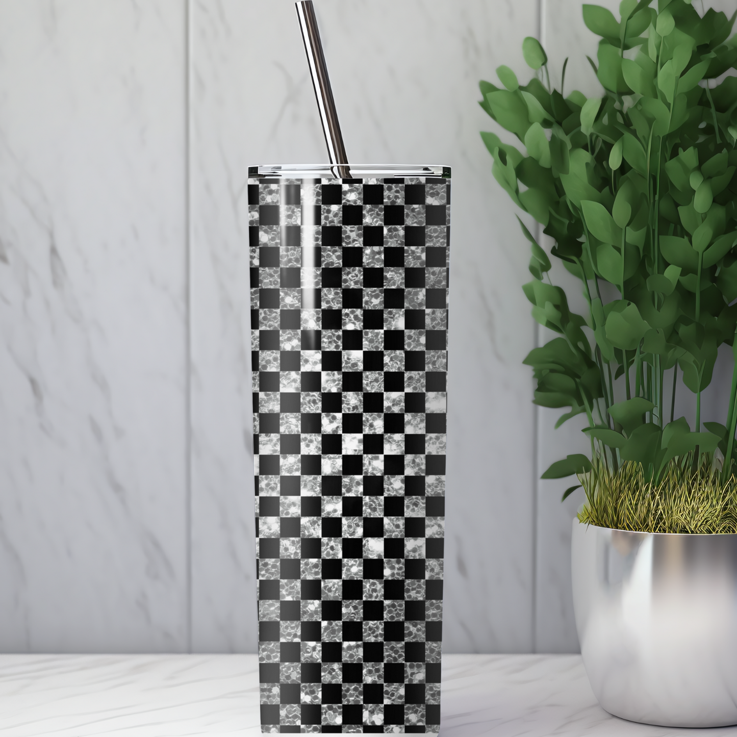 Checkered  Black & Silver Tumbler